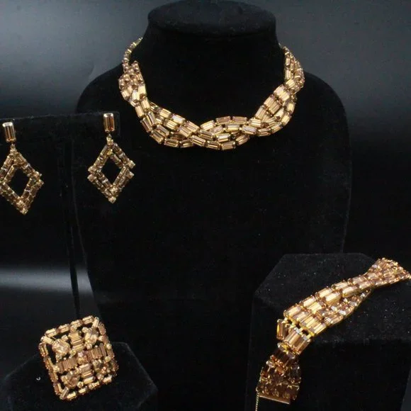 WEISS HIGH END DESIGNER BROWN TOPAZ RHINESTONES EMERALD CUT PARURE SET - Picture 4 of 7